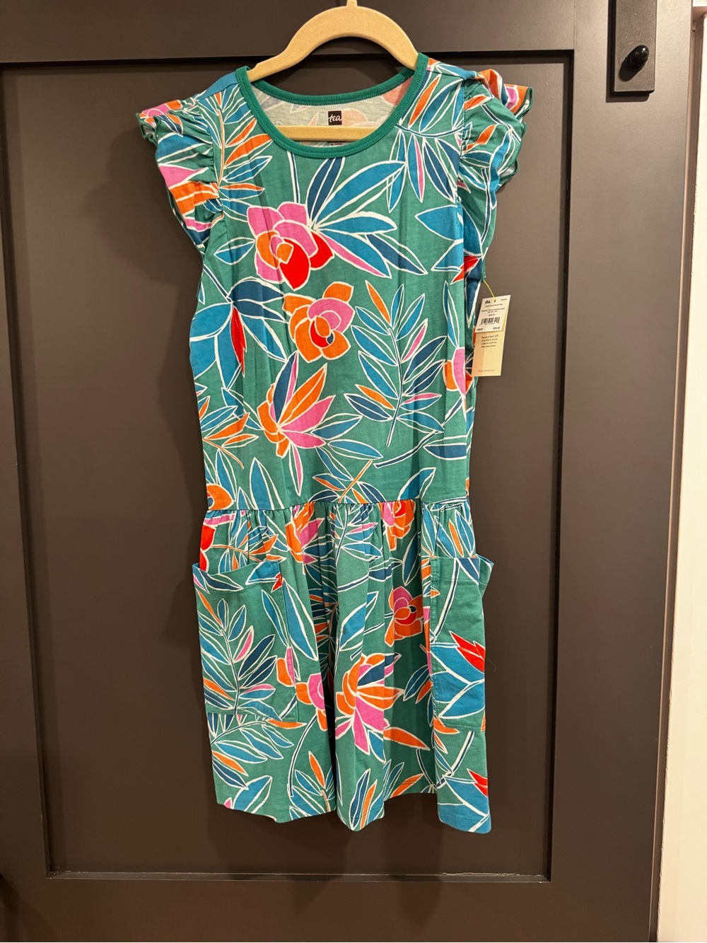 Tea Collection Teal Floral Dress with Pink & Orange Blooms